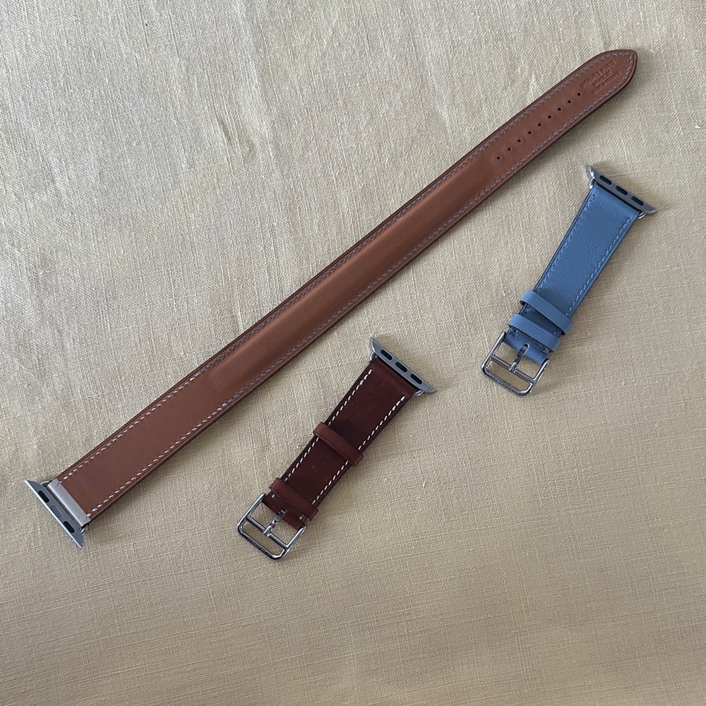 Hermes Leather Apple Watch Straps in Tan and Blue